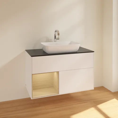 Bild von VILLEROY BOCH Finion Waschbeckenunterschrank, mit Beleuchtung, 2 Auszüge, 1000 x 603 x 501 mm, White Matt Lacquer / Oak Veneer / Glass Black Matt #F772PCMT