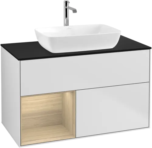 Bild von VILLEROY BOCH Finion Waschbeckenunterschrank, mit Beleuchtung, 2 Auszüge, 1000 x 603 x 501 mm, White Matt Lacquer / Oak Veneer / Glass Black Matt #F772PCMT