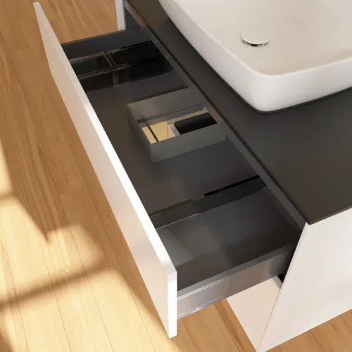 Bild von VILLEROY BOCH Finion Waschbeckenunterschrank, mit Beleuchtung, 2 Auszüge, 1000 x 603 x 501 mm, White Matt Lacquer / Oak Veneer / Glass Black Matt #F772PCMT