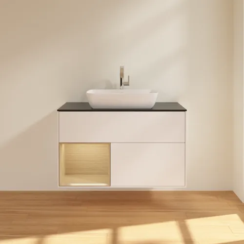 Bild von VILLEROY BOCH Finion Waschbeckenunterschrank, mit Beleuchtung, 2 Auszüge, 1000 x 603 x 501 mm, White Matt Lacquer / Oak Veneer / Glass Black Matt #F772PCMT