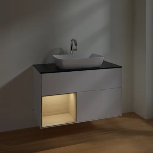 Bild von VILLEROY BOCH Finion Waschbeckenunterschrank, mit Beleuchtung, 2 Auszüge, 1000 x 603 x 501 mm, White Matt Lacquer / Oak Veneer / Glass Black Matt #F772PCMT