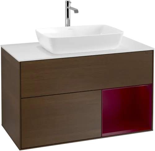 Bild von VILLEROY BOCH Finion Waschbeckenunterschrank, mit Beleuchtung, 2 Auszüge, 1000 x 603 x 501 mm, Walnut Veneer / Peony Matt Lacquer / Glass White Matt #F781HBGN