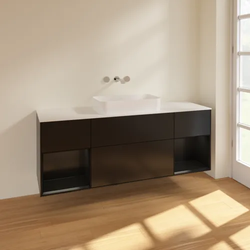 Bild von VILLEROY BOCH Finion Waschbeckenunterschrank, mit Beleuchtung, 4 Auszüge, 1600 x 603 x 501 mm, Black Matt Lacquer / Black Matt Lacquer / Glass White Matt #F741PDPD