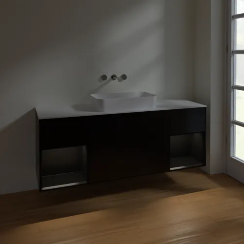 Bild von VILLEROY BOCH Finion Waschbeckenunterschrank, mit Beleuchtung, 4 Auszüge, 1600 x 603 x 501 mm, Black Matt Lacquer / Black Matt Lacquer / Glass White Matt #F741PDPD