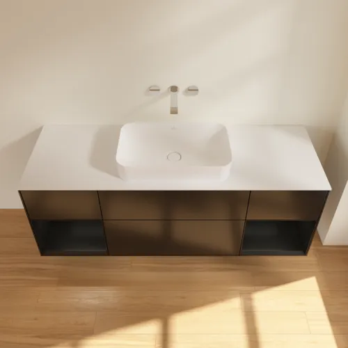Bild von VILLEROY BOCH Finion Waschbeckenunterschrank, mit Beleuchtung, 4 Auszüge, 1600 x 603 x 501 mm, Black Matt Lacquer / Black Matt Lacquer / Glass White Matt #F741PDPD