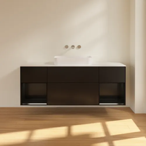 Bild von VILLEROY BOCH Finion Waschbeckenunterschrank, mit Beleuchtung, 4 Auszüge, 1600 x 603 x 501 mm, Black Matt Lacquer / Black Matt Lacquer / Glass White Matt #F741PDPD