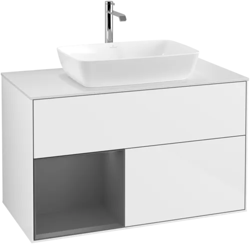 Bild von VILLEROY BOCH Finion Waschbeckenunterschrank, mit Beleuchtung, 2 Auszüge, 1000 x 603 x 501 mm, Glossy White Lacquer / Anthracite Matt Lacquer / Glass White Matt #F771GKGF