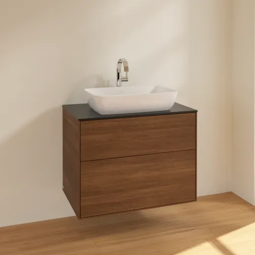 Bild von VILLEROY BOCH Finion Waschbeckenunterschrank, 2 Auszüge, 800 x 603 x 501 mm, Walnut Veneer / Glass Black Matt #F75200GN