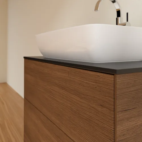Bild von VILLEROY BOCH Finion Waschbeckenunterschrank, 2 Auszüge, 800 x 603 x 501 mm, Walnut Veneer / Glass Black Matt #F75200GN