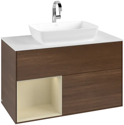 Bild von VILLEROY BOCH Finion Waschbeckenunterschrank, mit Beleuchtung, 2 Auszüge, 1000 x 603 x 501 mm, Walnut Veneer / Silk Grey Matt Lacquer / Glass White Matt #F771HJGN