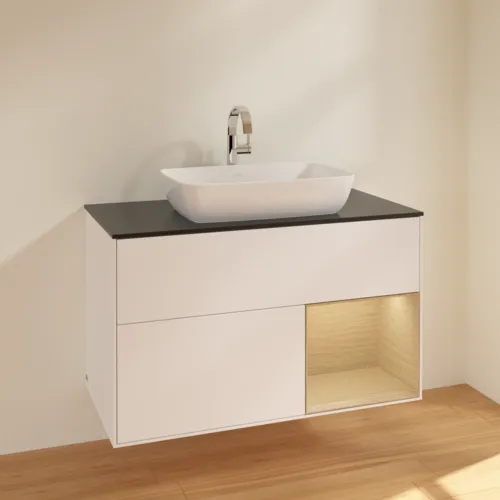 Obrázek VILLEROY BOCH Toaletní skříňka Finion, s osvětlením, 2 výsuvy, 1000 x 603 x 501 mm, bílý matný lak / dubová dýha / černé matné sklo #F782PCMT