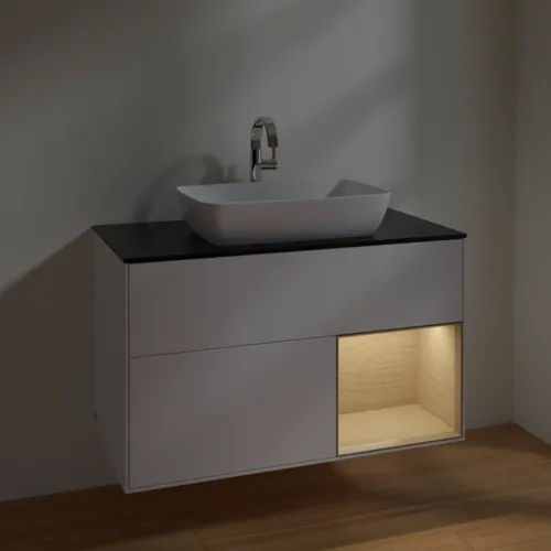 Obrázek VILLEROY BOCH Toaletní skříňka Finion, s osvětlením, 2 výsuvy, 1000 x 603 x 501 mm, bílý matný lak / dubová dýha / černé matné sklo #F782PCMT