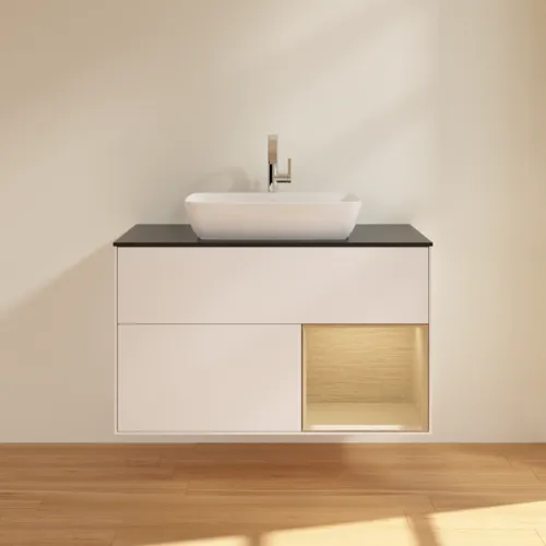 Obrázek VILLEROY BOCH Toaletní skříňka Finion, s osvětlením, 2 výsuvy, 1000 x 603 x 501 mm, bílý matný lak / dubová dýha / černé matné sklo #F782PCMT
