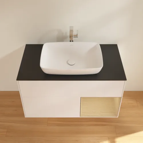 Obrázek VILLEROY BOCH Toaletní skříňka Finion, s osvětlením, 2 výsuvy, 1000 x 603 x 501 mm, bílý matný lak / dubová dýha / černé matné sklo #F782PCMT