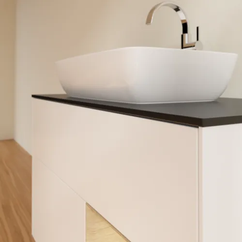 Obrázek VILLEROY BOCH Toaletní skříňka Finion, s osvětlením, 2 výsuvy, 1000 x 603 x 501 mm, bílý matný lak / dubová dýha / černé matné sklo #F782PCMT