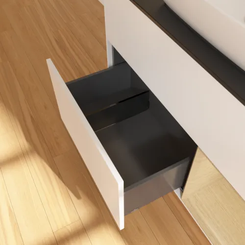 Obrázek VILLEROY BOCH Toaletní skříňka Finion, s osvětlením, 2 výsuvy, 1000 x 603 x 501 mm, bílý matný lak / dubová dýha / černé matné sklo #F782PCMT