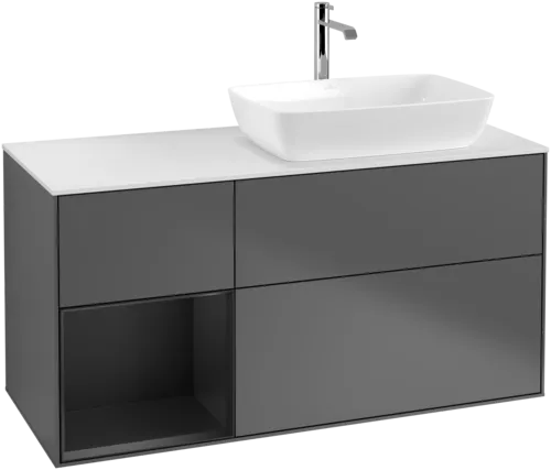 Bild von VILLEROY BOCH Finion Waschbeckenunterschrank, mit Beleuchtung, 3 Auszüge, 1200 x 603 x 501 mm, Anthracite Matt Lacquer / Black Matt Lacquer / Glass White Matt #F801PDGK