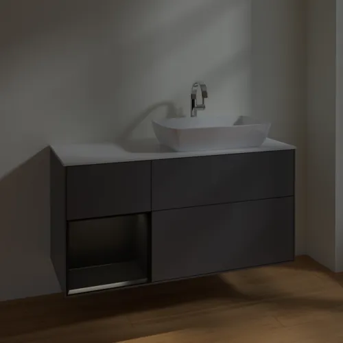 Obrázek VILLEROY BOCH Toaletní skříňka Finion, s osvětlením, 3 výsuvy, 1200 x 603 x 501 mm, antracitový matný lak / černý matný lak / bílé matné sklo #F801PDGK