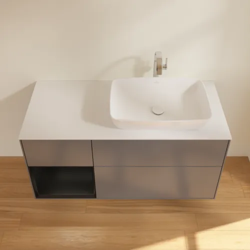 Obrázek VILLEROY BOCH Toaletní skříňka Finion, s osvětlením, 3 výsuvy, 1200 x 603 x 501 mm, antracitový matný lak / černý matný lak / bílé matné sklo #F801PDGK