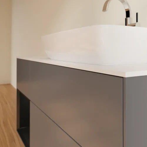 Obrázek VILLEROY BOCH Toaletní skříňka Finion, s osvětlením, 3 výsuvy, 1200 x 603 x 501 mm, antracitový matný lak / černý matný lak / bílé matné sklo #F801PDGK
