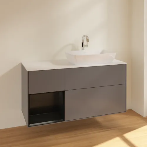 Obrázek VILLEROY BOCH Toaletní skříňka Finion, s osvětlením, 3 výsuvy, 1200 x 603 x 501 mm, antracitový matný lak / černý matný lak / bílé matné sklo #F801PDGK