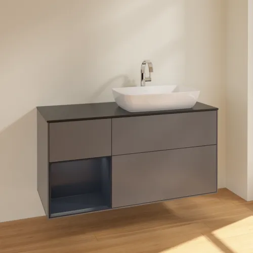 Bild von VILLEROY BOCH Finion Waschbeckenunterschrank, mit Beleuchtung, 3 Auszüge, 1200 x 603 x 501 mm, Anthracite Matt Lacquer / Midnight Blue Matt Lacquer / Glass Black Matt #F802HGGK
