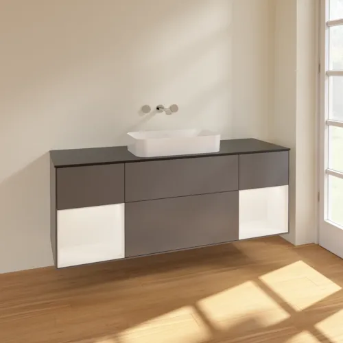 Bild von VILLEROY BOCH Finion Waschbeckenunterschrank, mit Beleuchtung, 4 Auszüge, 1600 x 603 x 501 mm, Anthracite Matt Lacquer / White Matt Lacquer / Glass Black Matt #F742MTGK