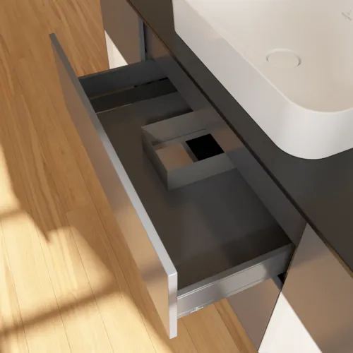 Bild von VILLEROY BOCH Finion Waschbeckenunterschrank, mit Beleuchtung, 4 Auszüge, 1600 x 603 x 501 mm, Anthracite Matt Lacquer / White Matt Lacquer / Glass Black Matt #F742MTGK