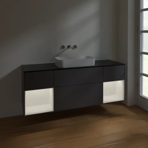 Bild von VILLEROY BOCH Finion Waschbeckenunterschrank, mit Beleuchtung, 4 Auszüge, 1600 x 603 x 501 mm, Anthracite Matt Lacquer / White Matt Lacquer / Glass Black Matt #F742MTGK