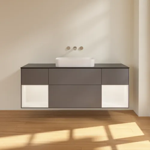 Bild von VILLEROY BOCH Finion Waschbeckenunterschrank, mit Beleuchtung, 4 Auszüge, 1600 x 603 x 501 mm, Anthracite Matt Lacquer / White Matt Lacquer / Glass Black Matt #F742MTGK
