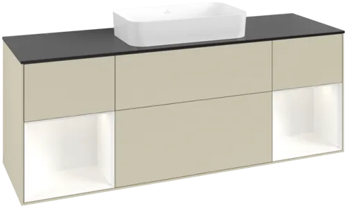 Bild von VILLEROY BOCH Finion Waschbeckenunterschrank, mit Beleuchtung, 4 Auszüge, 1600 x 603 x 501 mm, Silk Grey Matt Lacquer / White Matt Lacquer / Glass Black Matt #F742MTHJ