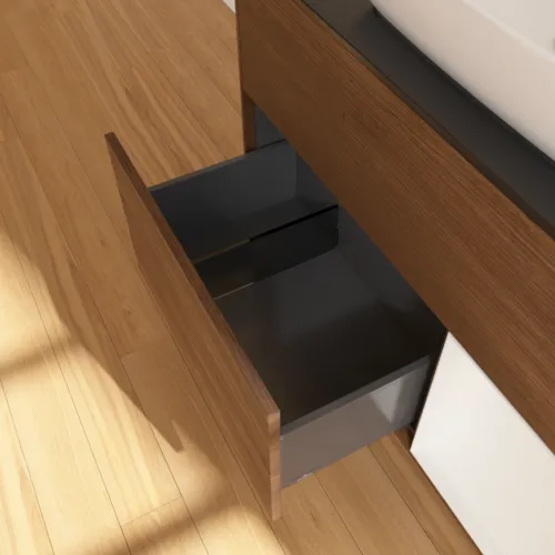 Bild von VILLEROY BOCH Finion Waschbeckenunterschrank, mit Beleuchtung, 2 Auszüge, 1000 x 603 x 501 mm, Walnut Veneer / Glossy White Lacquer / Glass Black Matt #F782GFGN