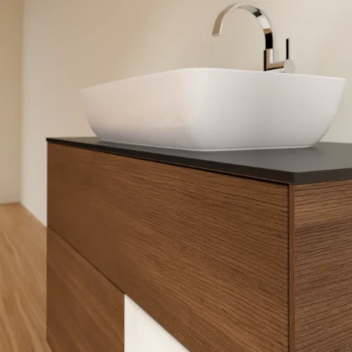 Bild von VILLEROY BOCH Finion Waschbeckenunterschrank, mit Beleuchtung, 2 Auszüge, 1000 x 603 x 501 mm, Walnut Veneer / Glossy White Lacquer / Glass Black Matt #F782GFGN