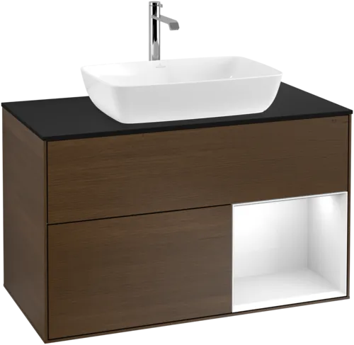 Bild von VILLEROY BOCH Finion Waschbeckenunterschrank, mit Beleuchtung, 2 Auszüge, 1000 x 603 x 501 mm, Walnut Veneer / Glossy White Lacquer / Glass Black Matt #F782GFGN