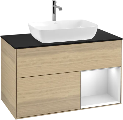 Bild von VILLEROY BOCH Finion Waschbeckenunterschrank, mit Beleuchtung, 2 Auszüge, 1000 x 603 x 501 mm, Oak Veneer / White Matt Lacquer / Glass Black Matt #F782MTPC