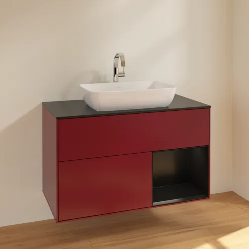 Bild von VILLEROY BOCH Finion Waschbeckenunterschrank, mit Beleuchtung, 2 Auszüge, 1000 x 603 x 501 mm, Peony Matt Lacquer / Black Matt Lacquer / Glass Black Matt #F782PDHB