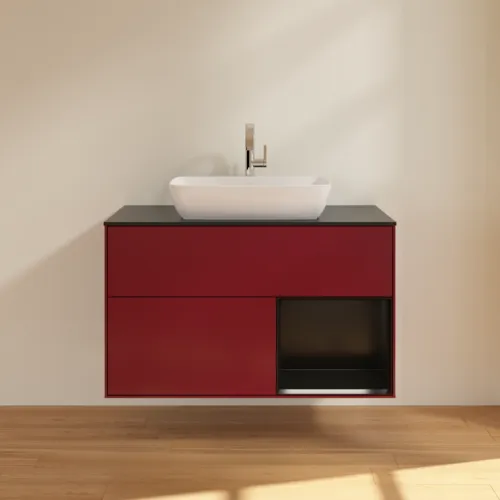 Bild von VILLEROY BOCH Finion Waschbeckenunterschrank, mit Beleuchtung, 2 Auszüge, 1000 x 603 x 501 mm, Peony Matt Lacquer / Black Matt Lacquer / Glass Black Matt #F782PDHB