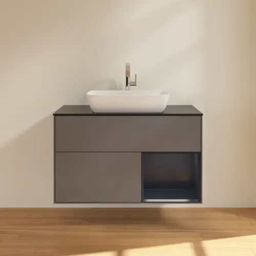 Bild von VILLEROY BOCH Finion Waschbeckenunterschrank, mit Beleuchtung, 2 Auszüge, 1000 x 603 x 501 mm, Anthracite Matt Lacquer / Midnight Blue Matt Lacquer / Glass Black Matt #F782HGGK