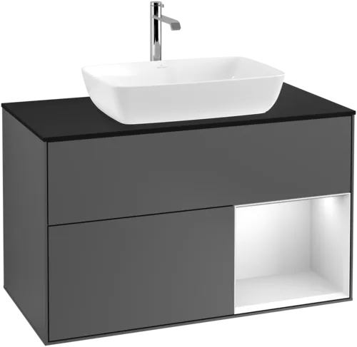 Bild von VILLEROY BOCH Finion Waschbeckenunterschrank, mit Beleuchtung, 2 Auszüge, 1000 x 603 x 501 mm, Anthracite Matt Lacquer / White Matt Lacquer / Glass Black Matt #F782MTGK