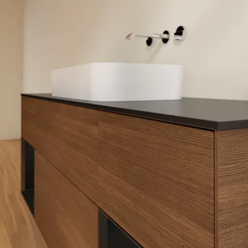 Bild von VILLEROY BOCH Finion Waschbeckenunterschrank, mit Beleuchtung, 4 Auszüge, 1600 x 603 x 501 mm, Walnut Veneer / Black Matt Lacquer / Glass Black Matt #F742PDGN