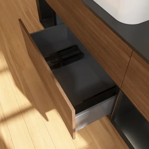Bild von VILLEROY BOCH Finion Waschbeckenunterschrank, mit Beleuchtung, 4 Auszüge, 1600 x 603 x 501 mm, Walnut Veneer / Black Matt Lacquer / Glass Black Matt #F742PDGN