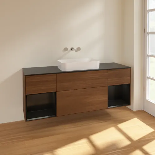 Bild von VILLEROY BOCH Finion Waschbeckenunterschrank, mit Beleuchtung, 4 Auszüge, 1600 x 603 x 501 mm, Walnut Veneer / Black Matt Lacquer / Glass Black Matt #F742PDGN