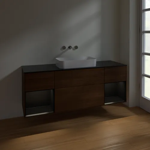 Bild von VILLEROY BOCH Finion Waschbeckenunterschrank, mit Beleuchtung, 4 Auszüge, 1600 x 603 x 501 mm, Walnut Veneer / Black Matt Lacquer / Glass Black Matt #F742PDGN