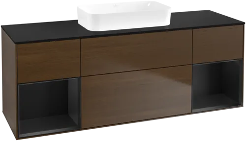 Bild von VILLEROY BOCH Finion Waschbeckenunterschrank, mit Beleuchtung, 4 Auszüge, 1600 x 603 x 501 mm, Walnut Veneer / Black Matt Lacquer / Glass Black Matt #F742PDGN