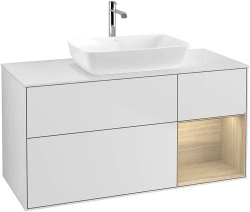 Bild von VILLEROY BOCH Finion Waschbeckenunterschrank, mit Beleuchtung, 3 Auszüge, 1200 x 603 x 501 mm, White Matt Lacquer / Oak Veneer / Glass White Matt #F831PCMT