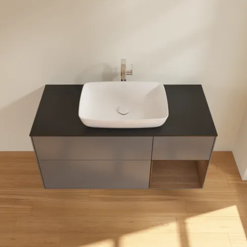 Bild von VILLEROY BOCH Finion Waschbeckenunterschrank, mit Beleuchtung, 3 Auszüge, 1200 x 603 x 501 mm, Anthracite Matt Lacquer / Walnut Veneer / Glass Black Matt #F832GNGK