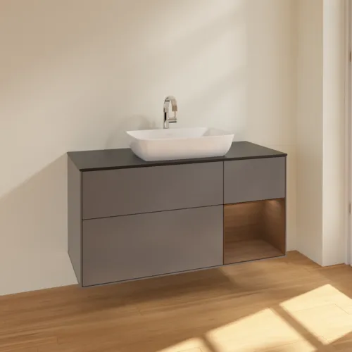 Bild von VILLEROY BOCH Finion Waschbeckenunterschrank, mit Beleuchtung, 3 Auszüge, 1200 x 603 x 501 mm, Anthracite Matt Lacquer / Walnut Veneer / Glass Black Matt #F832GNGK