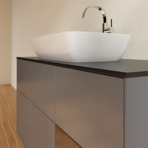 Bild von VILLEROY BOCH Finion Waschbeckenunterschrank, mit Beleuchtung, 3 Auszüge, 1200 x 603 x 501 mm, Anthracite Matt Lacquer / Walnut Veneer / Glass Black Matt #F832GNGK