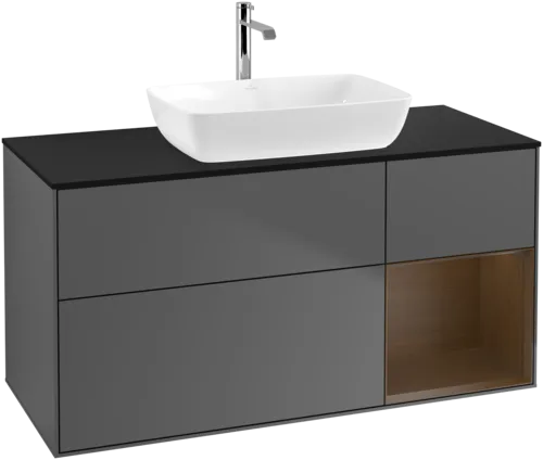 Bild von VILLEROY BOCH Finion Waschbeckenunterschrank, mit Beleuchtung, 3 Auszüge, 1200 x 603 x 501 mm, Anthracite Matt Lacquer / Walnut Veneer / Glass Black Matt #F832GNGK
