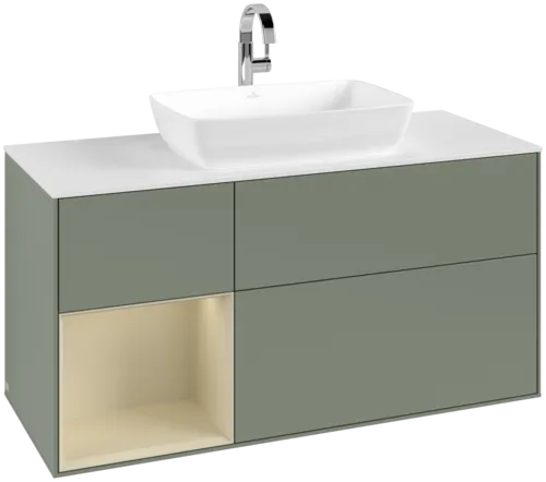 Obrázek VILLEROY BOCH Toaletní skříňka Finion, s osvětlením, 3 výsuvy, 1200 x 603 x 501 mm, olivový matný lak / hedvábně šedý matný lak / bílé matné sklo #F821HJGM